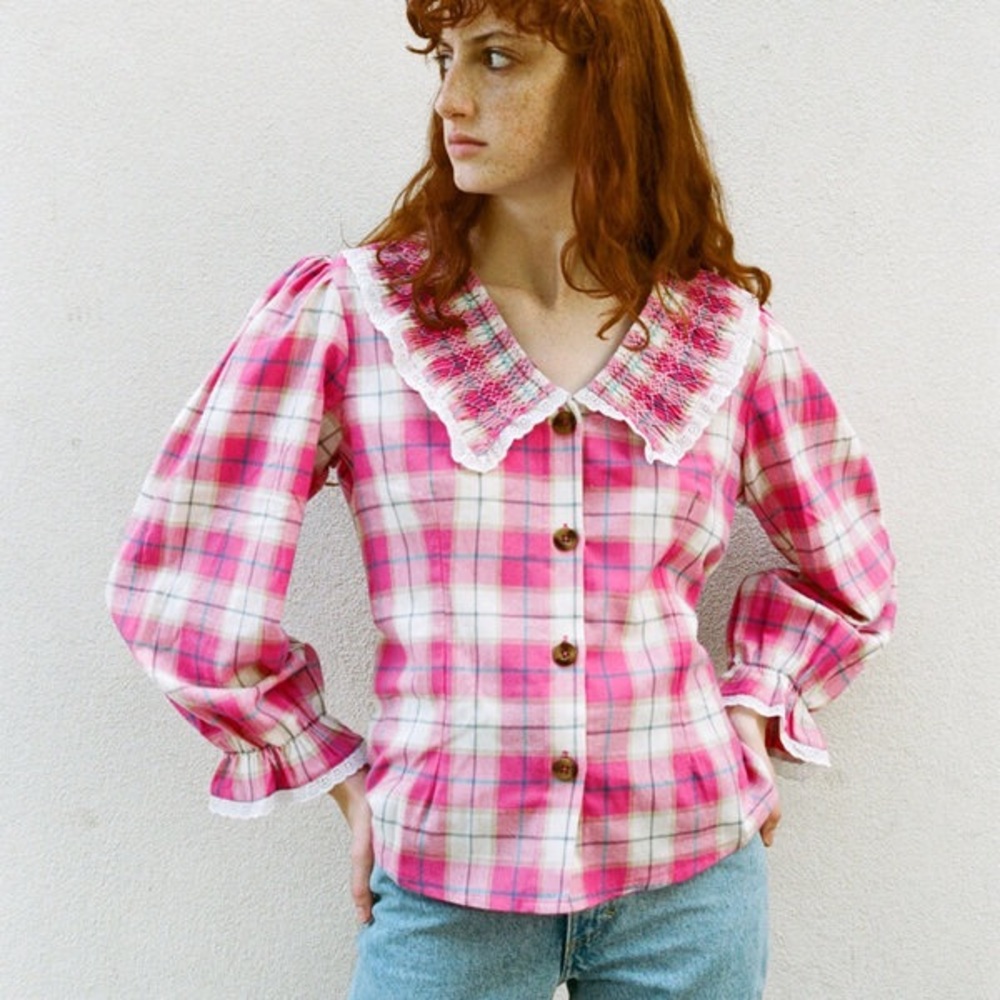 NWT Tach Lila pink plaid puff sleeve western cowgirl button down blouse